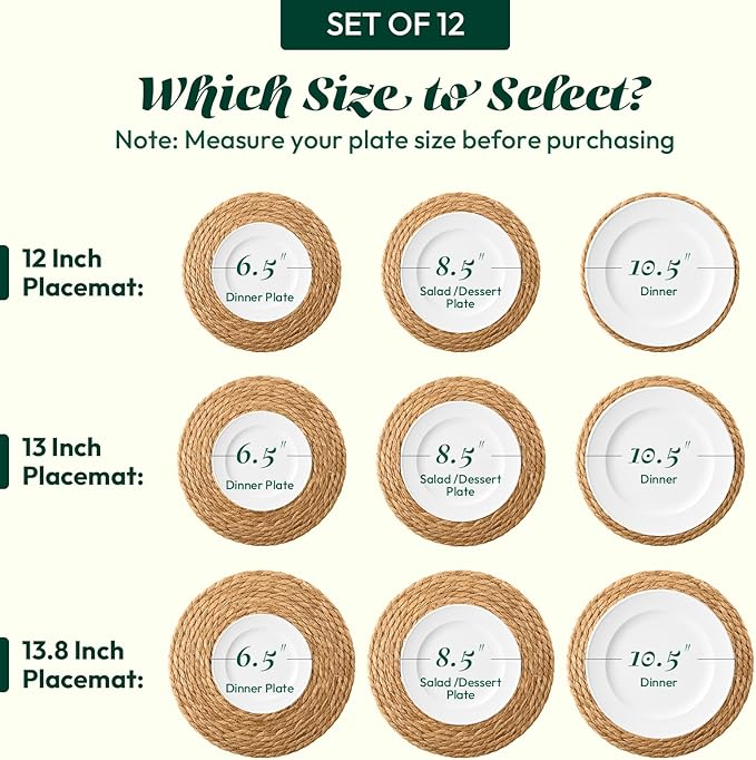 13 in Round Woven Placemats Plate Chargers Set of 12, Boho Farmhouse Rustic - Image 2