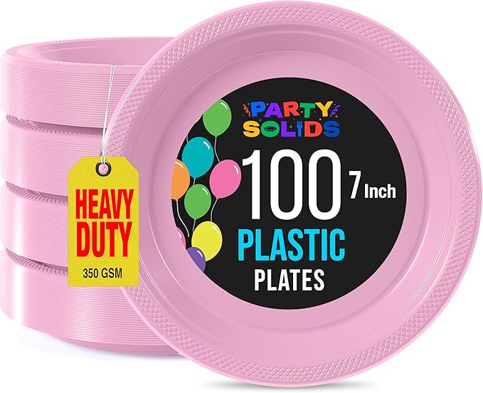 Pink Plastic Plates For Party 7" Pink Disposable Plates Heavy Duty 100 Pcs Plastic Dinnerware Sets Heavy Duty 350 GSM Disposable Dinnerware Set