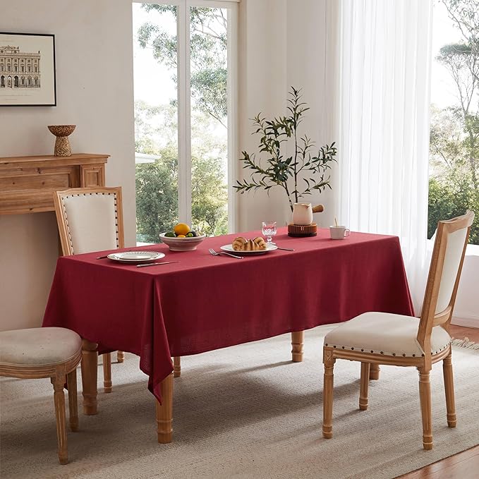 Linen Tablecloth for Square Table, 52x52 Inch Burgundy, Farmhouse Style Red Tablecloth, Water Resistant Burlap Tablecloths for Dining Table Farmhouse Kitchen