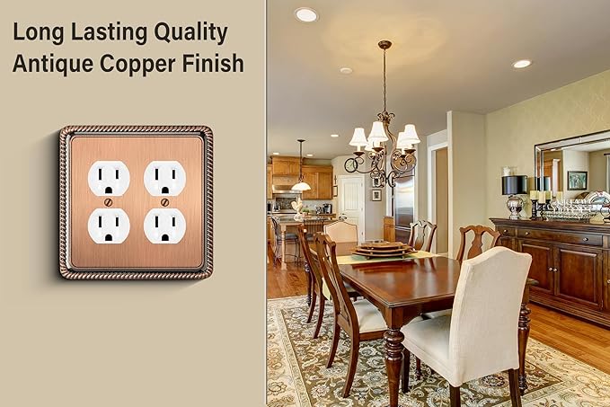 Henne Bery Rope Edge Decorative Wall Plate Switch Plate Outlet Cover (Double Duplex, Antique Copper)