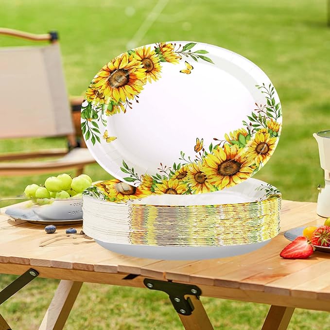 Grencian 50 PCS Sunflower Oval Paper Plates 10" x 12" Heavy Duty Disposable Sunflower Party Plates for Birthday Wedding Bridal Baby Shower Party Decorations