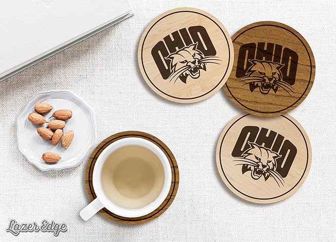 LazerEdge Ohio Bobcats Wooden Coaster Set - Cherry Wood - Officially Licensed Product - 4-Pack
