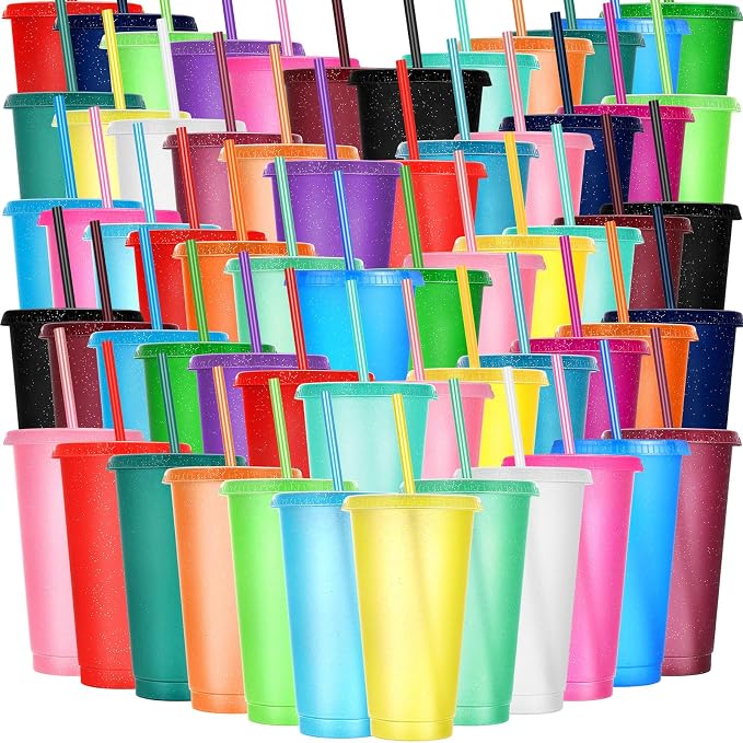 Honeydak 100 Pack Tumbler with Straw and Lid Bulk Glitter Plastic Cups Water by Honeydak
