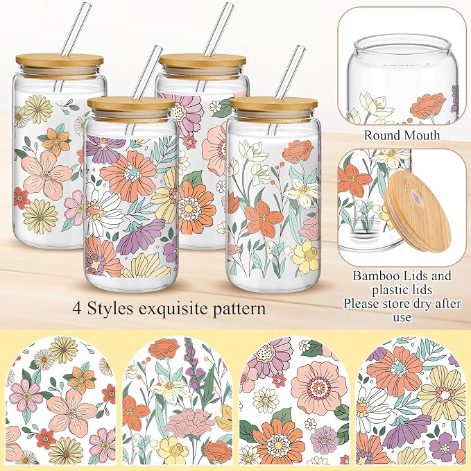 Mumufy 4 Pack Wildflower Glass Cups Gift Aesthetic Cute Glass Cup Tumbler - Image 3