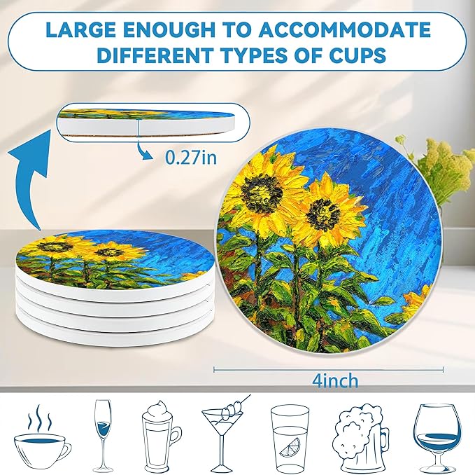 Drinks Coasters Set of 4, Sunflower Oil Painting Round 4" Cup Coasters, Absorbent Ceramic Stone Coasters with Cork Base, Cute Coasters for Table Home Décor, Ideal Gifts for Women Men