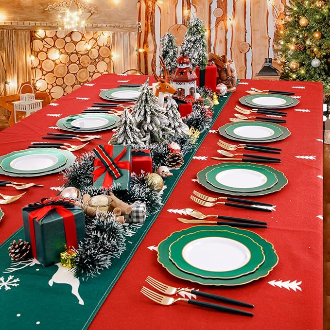 WDF 30Guest Christmas Plates Disposable - Gold Plastic Silverware With Green Handle - Baroque Green &Gold Plastic Dinnerware for Wedding Birthday Party St. Patrick’s Day