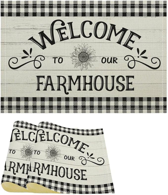 Vintage Farmhouse Placemat Set, Rustic Minimal Black White Check Inspirational Quotes Sketch Sunflower Pattern Home Decoration Linen Table Mats for Dining Room Kitchen Party (17x12in) x2P