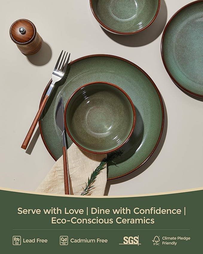 24 Piece Double Bowl Dinnerware Sets with Pasta Bowls, Highly Chip and Crack Resistant Plates and Bowls Sets, Natural Earthyware Ceramic Dishware Sets, Service for 6 Brown Green