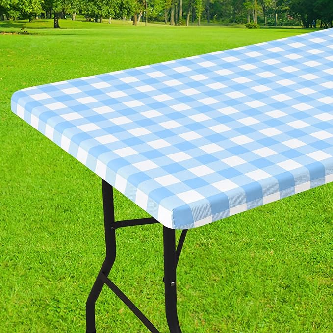 Smiry Rectangle Picnic Table Cloth, Elastic Waterproof Fitted Vinyl Tablecloths, Flannel Backed Buffalo Plaid Table Covers for Dining, Camping, Outdoor (Baby Blue and White, 24" x 48")