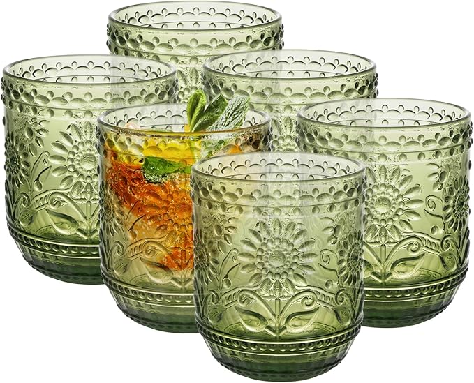 Topsky Vintage Drinking Glass Set of 6,12 oz Embossed Floral Decorative Glassware Set,Glass Cups Wine Glasses Beverages Tumblers Colored Glassware for Whisky,Beer,Juice,Cocktail,Heavy Duty