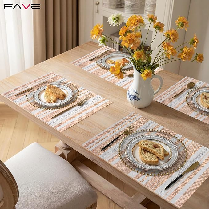 FAVE Boho Vinyl Placemats Set of 6, Durable Woven Place Mats Washable Heat Resistant PVC Table Mats for Parties,Weddings, Dining,Banquet(Orange, 6PCS)