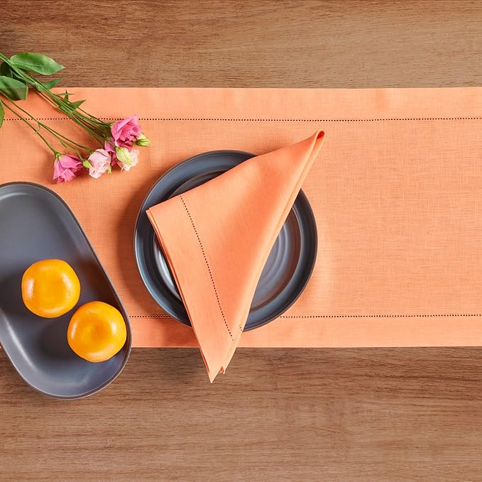 Solino Home Linen Coral Table Runner 108 Inches Long - 100% Pure Linen Hemstitch 14 x 108 Inch Table Runner for Dining, Valentines, Spring, Easter - Classic Hemstitch