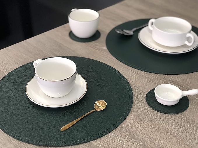 Jovono Faux Leather Round Placemats and Coasters, Wipeable Table Mats, Easy to Clean, Double Stitched for Kitchen Dining Table, Party, Restaurant, Diameter 13'' and 3.9'', Green