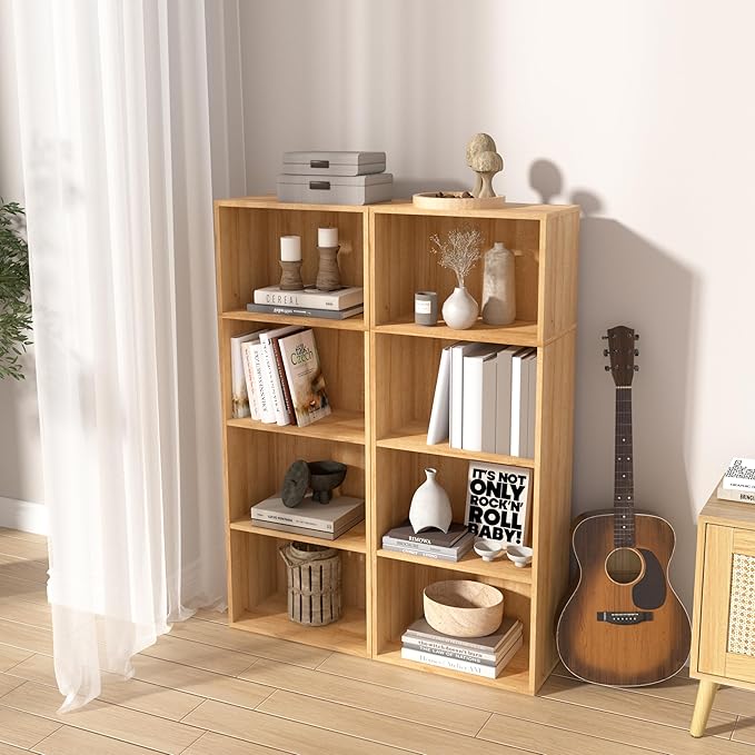 Wooden 4 Cube Storage Organizer, 4 Tier Tall Modern Bookshelf Freestanding Storage Display Organizer, Versatile Cubes Shelf and Cubby Unit for Living Room, Bedroom, Home Office 15.7inch
