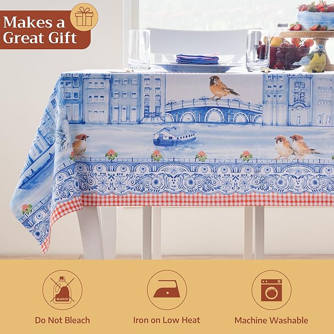 Maison d' Hermine Table Cloth Rectangle Table 100% Cotton 60 x 108 Inches Tablecloth Reusable Decorative for Dining Room Farmhouse Home Valentines Day Decorations Spring Summer - Amsterdam Canals