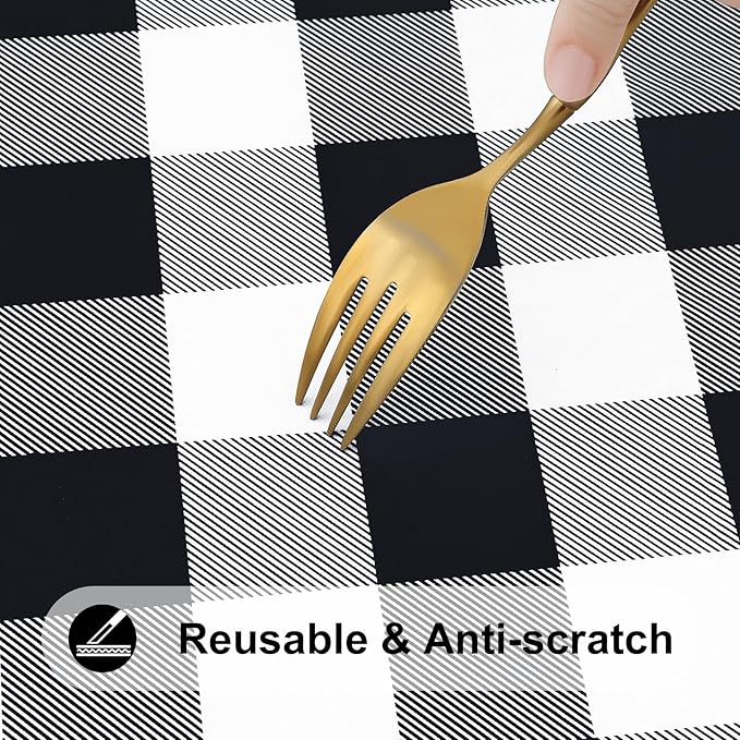 Smiry Rectangle Picnic Table Cloth, Elastic Waterproof Fitted Vinyl Tablecloths, Flannel Backed Buffalo Plaid Table Covers for Dining, Camping, Outdoor (Black and White, 30" x 72")