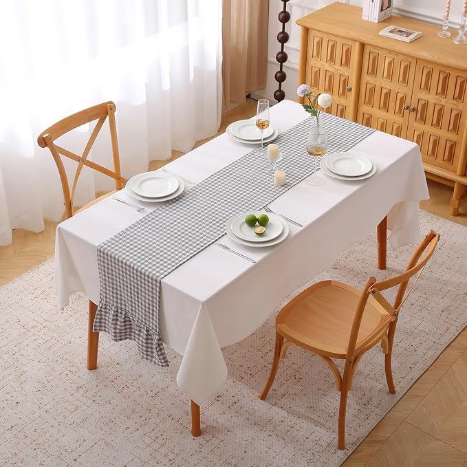 Grey White Plaid Gingham Ruffle Table Runner 120 inches Long Christmas 100% - Image 2