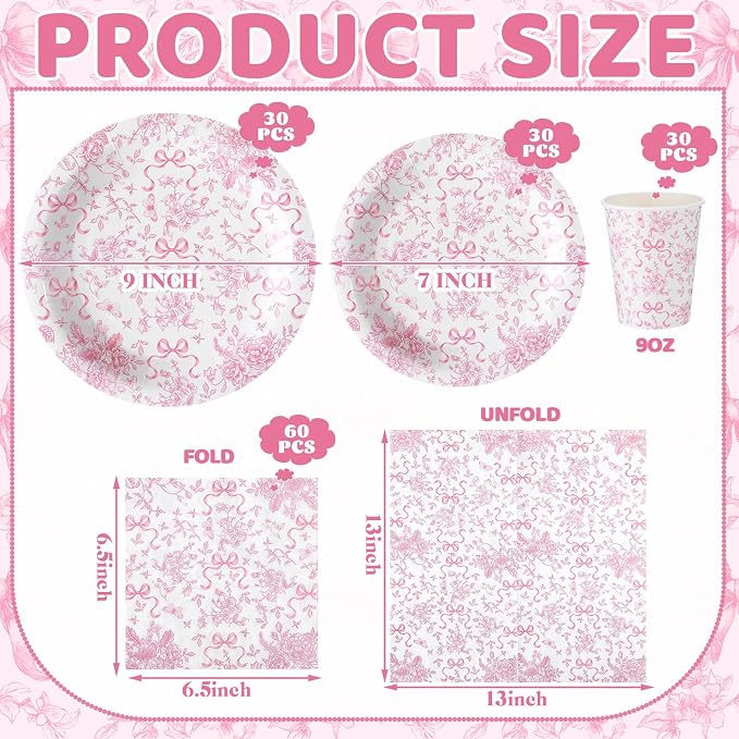 LemonRoad 150 Pcs Pink Bow Floral Disposable Plates and Napkins Bow Coquette - Image 2