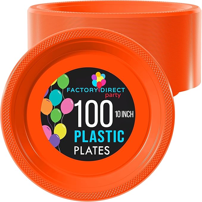Orange Plastic Plates For Party 10" Orange Disposable Plates Heavy Duty 100 Pcs Plastic Dinnerware Sets Heavy Duty 350 GSM Disposable Dinnerware Set