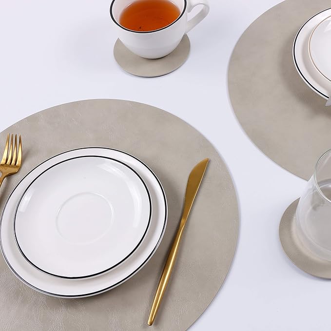 Set of 8 Faux Leather Round Placemats and Coasters, Coffee Mats Kitchen Table Mats, Waterproof, Easy to Clean, for Kitchen Dining Round Table