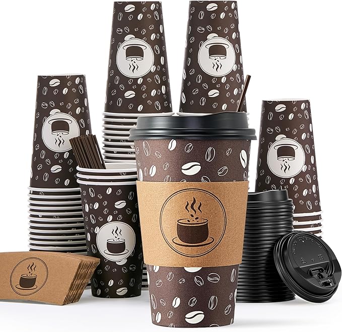 JOLLY PARTY Disposable Coffee Cups - 16oz Paper Coffee Cups with Lids by JOLLYPARTY