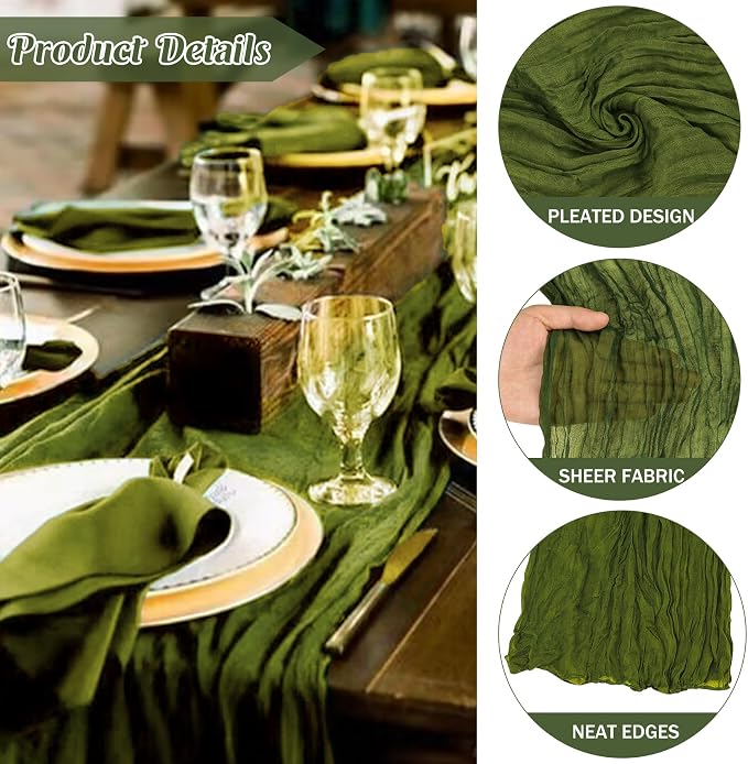 6 Pieces Olive Green 10FT Cheesecloth Table Runner Boho Gauze Fabric Table - Image 2