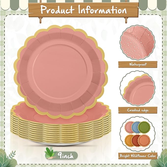 48 Pcs Fall Wildflower Color Paper Plates 9 Inch Colorful Boho Scalloped Paper Disposable Dinner Dessert Plates for Autumn Thanksgiving Birthday Wedding Bridal Party Supplies, 6 Colors