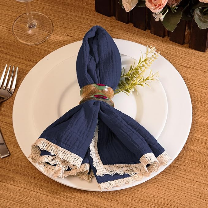 Fingercraft Dinner Cloth Napkin Cotton Muslin Double Gauze 8 Pack with Classic Lace for Everyday Use, Wedding, Party, Christmas, Easter Napkins Cloth are Pre Shrunk and Good Absorbency Stellar