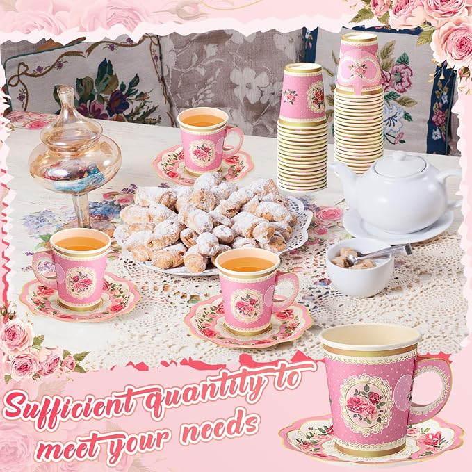 Tioncy 100 Pcs Tea Party Decorations Include 50 Pieces 9 oz Paper Tea Cups - Image 5
