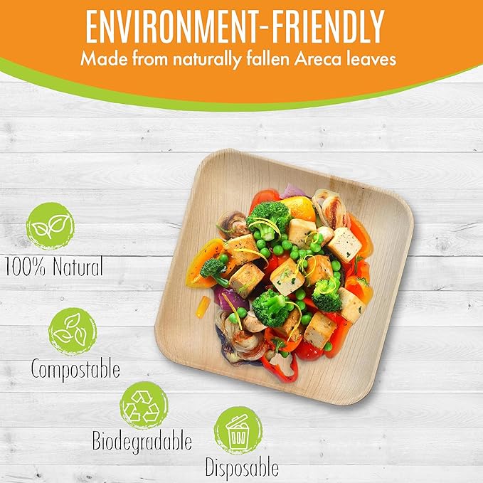 Raj Palm Leaf Plates Bulk [400-Pack] 7" Square Plates like Bamboo plates Disposable, Strong, Decorative Compostable Tableware for wedding, Lunch, Dinner, Birthday, Camping, Outdoor BBQ, Picnic