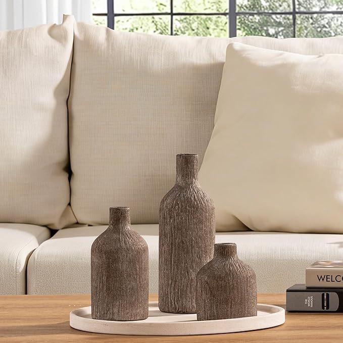 Ceramic Vase Home Table Decor - Brown Flower Vase Set of 3 Living Room Kitchen Decorations Farmhouse Modern Rustic Vases Decorative Centerpiece for Shelf Bedroom Office Bathroom Dining Coffee Desk