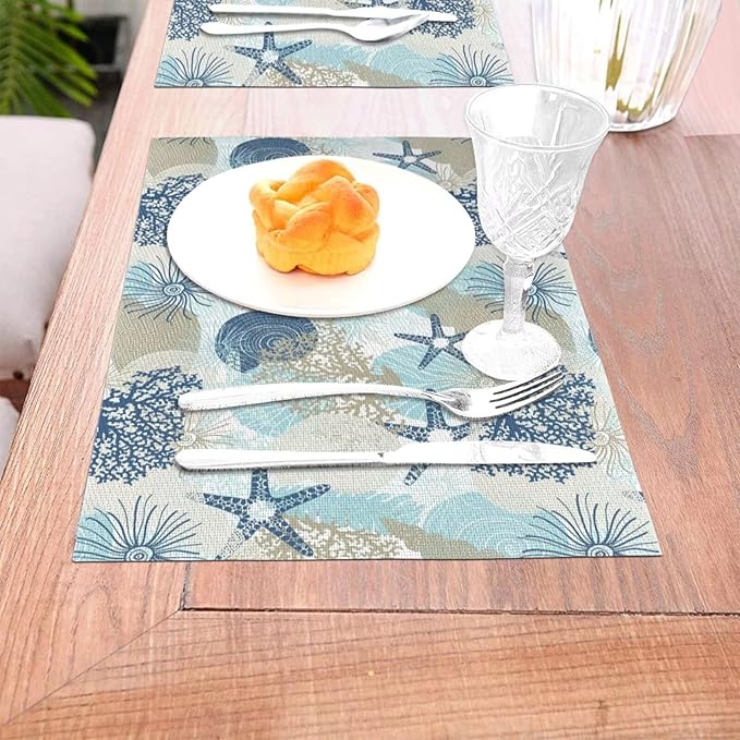 Placemats Set of 4 Aqua Blue Nautical Place Mats Coastal Beach Theme Coral Starfish Woven Table Mats Washable Blue Coral PVC Placemat for Dining Kitchen Decor Indoor Outdoor, 12 x 18 Inch