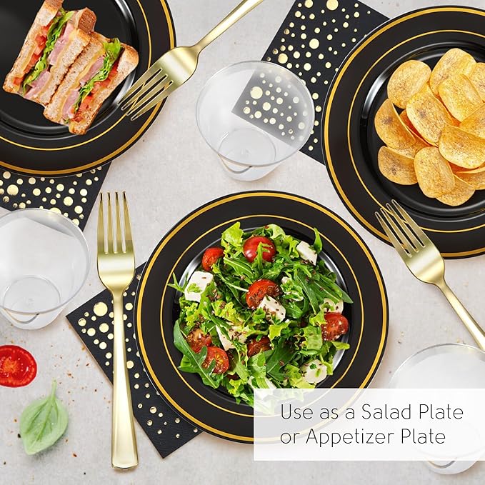 The Essential Concierge Stylish 7.5 Inch Gold and Black Cake Plates with Disposable Cups, Forks and Cocktail Napkins (100 Set of Each) - Small Appetizer Plates, Disposable Cake Plates or Salad Plate