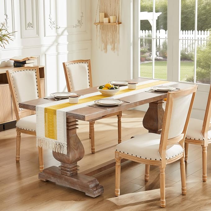 Macrame Style Bicolor Stitching Table Runner 14x72in Mustard | Woven Boho Table - Image 2