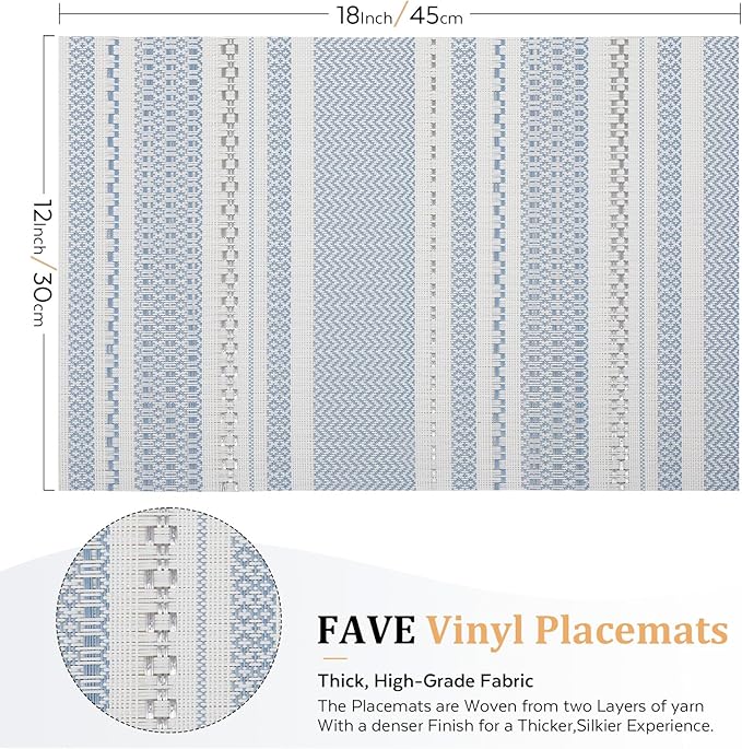 FAVE Blue Boho Vinyl Placemats Set of 6, Durable Woven Place Mats Washable Heat Resistant PVC Table Mats for Parties,Weddings, Dining,Banquet(Blue, 6PCS)