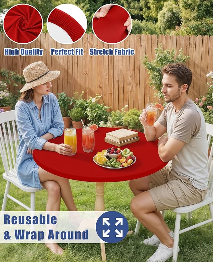 Round Spandex Tablecloth, Elastic Fitted Waterproof Tablecloths for 36"-44" Tables, Stretch Washable Picnic Table Cover for Camping, Dining, Indoor and Outdoor, Red