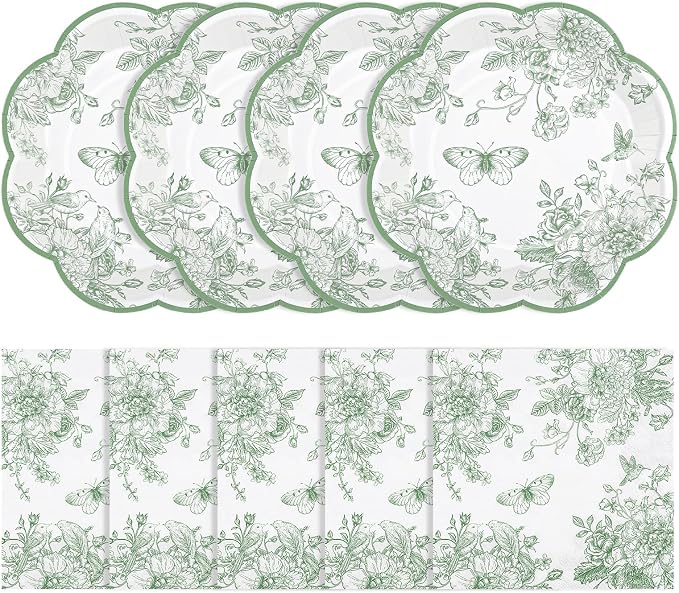 50 Pcs Sage Green Floral Plates and Napkins, Paper Floral Party Supplies | by NatNarr