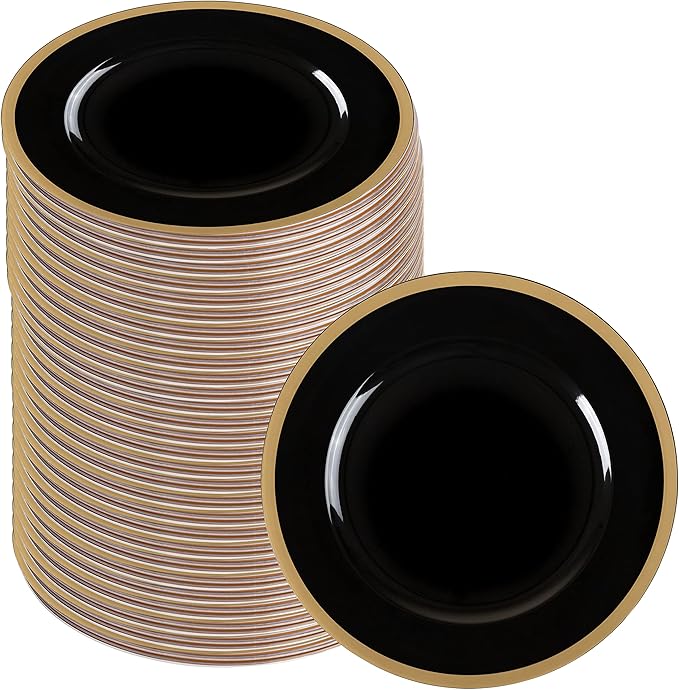 PARTY BARGAINS 13-Inch Charger Plates - 96 Pack, Black Gold Rim, Heavy-Duty Disposable Chargers for Elegant Dining - Ideal for Weddings and Formal Events