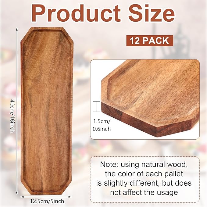 Dandat 12 Pack Wooden Serving Platter Acacia Wood Platters 16 x 5 Inch Rustic Serving Tray Rectangular Charcuterie Board Cheese Plate for Home Decor Dessert Vegetables Fruit Cookie