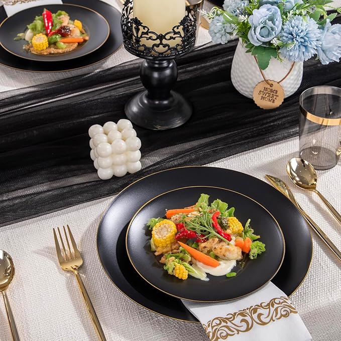 EI 350Pcs Black and Gold Matte Frosted Plastic Plates Disposable Heavy Duty,Dinnerware Set for Party Include 100 Disposable Plates,150 Silverware,50 Napkins,50 Cups for Party/Wedding/Events,Hotel