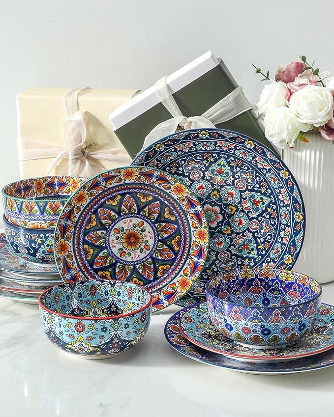 glowworm Dessert Plates Set of 4, 8.5 Inch Ceramic Dinner Plates, Small Salad Plates Set for Kitchen, Microwave, Oven and Dishwasher Safe, Bohemian