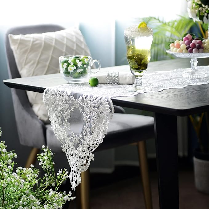 SUTAVIA Lace Patio Table Runner 12"×108" White Embroidered Dresser Scarf | - Image 2