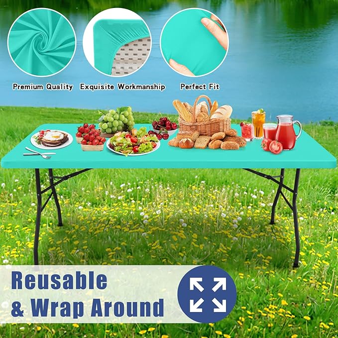 Spandex 6 Foot Rectangle Table Cloth 2 Pack, Elastic Fitted Tablecloths for Picnic, Stretch Washable Patio Table Cover for Outdoor, Camping, Banquet and Parties(Aqua Blue, 30"x72")