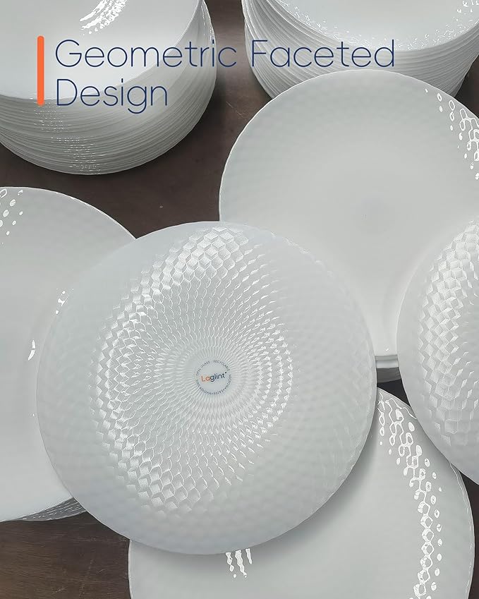 10.5 inch Dinner Plate Set of 6, Round Opal Glass Geometric Faceted White Dinnerware Plates, Dishwasher and Microwave Safe