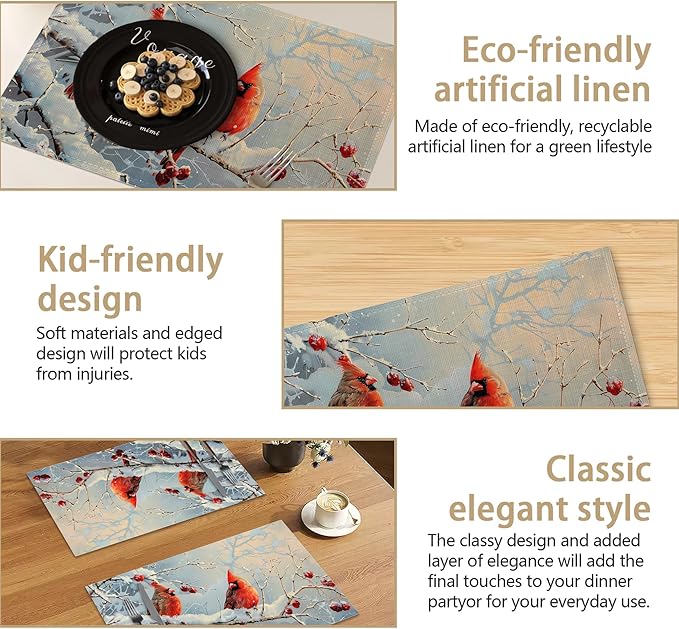 Table Placemats Set of 6, Waterproof Linen Fabric, Non-Slip Backing & Easy Clean, Elegant Dining Table Protectors for Family and Guests(Red Cardinal Bird Christmas)