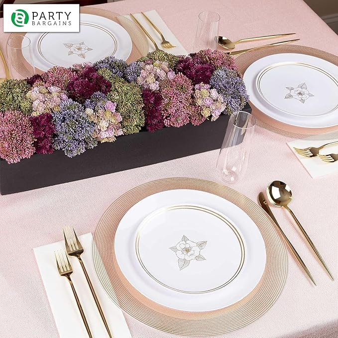 PARTY BARGAINS 13-Inch Charger Plates - 4 Pack, Clear Gold Rope Textured Rim, Heavy-Duty Disposable Chargers for Elegant Dining - Ideal for Weddings and Formal Events
