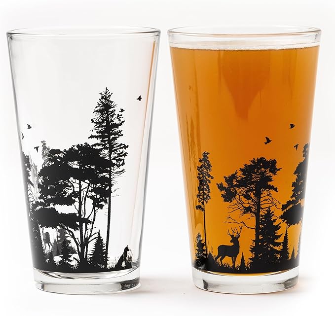 Black Lantern Pint Glasses Forest Animal Landscape Pint Glasses Set - 2 16oz. Beer Glasses