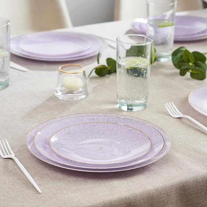 PLASTICPRO 30 Pack Disposable Plastic Plates Heavyweight Granite Look Elegant 7 inch Dinner Plates Purple with Gold Rim