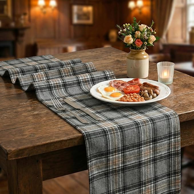 Artoid Mode Grey Brown Farmhouse Plaid Retro Table Runner, Rustic Holiday Check - Image 4