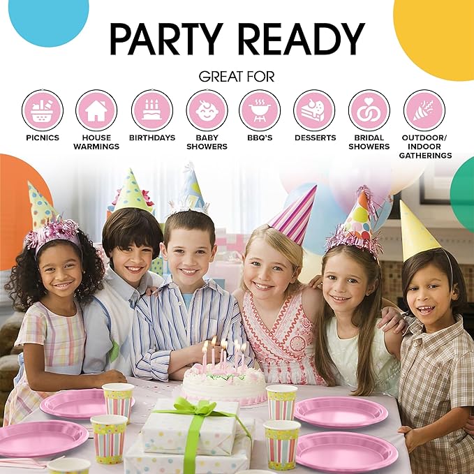 Pink Plastic Plates For Party 7" Pink Disposable Plates Heavy Duty 100 Pcs Plastic Dinnerware Sets Heavy Duty 350 GSM Disposable Dinnerware Set